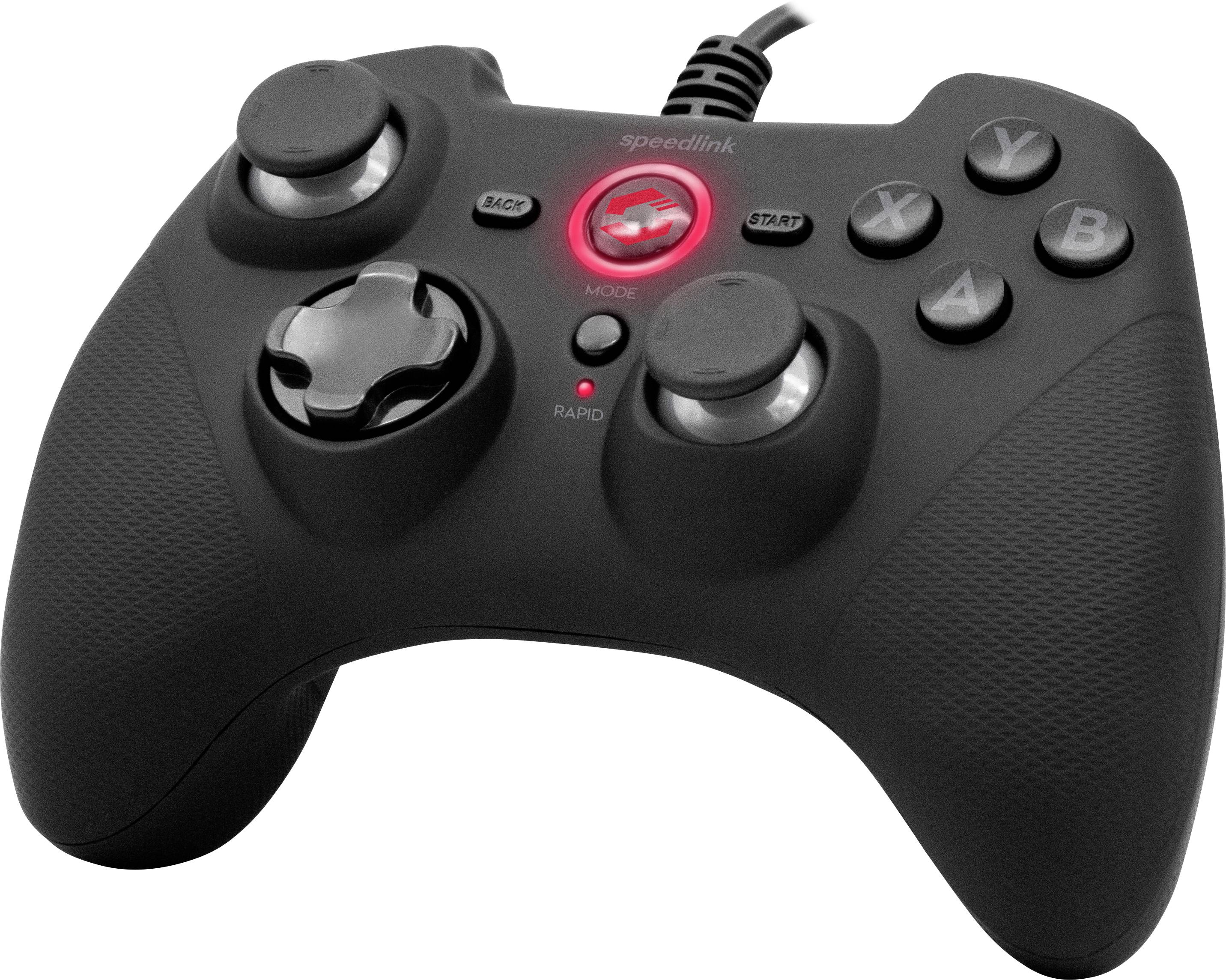 Schwarzer Gaming-Controller mit mehreren Tasten, Steuerknüppel und Kabel. Markenlogo in der Mitte, rotes Licht leuchtet auf.