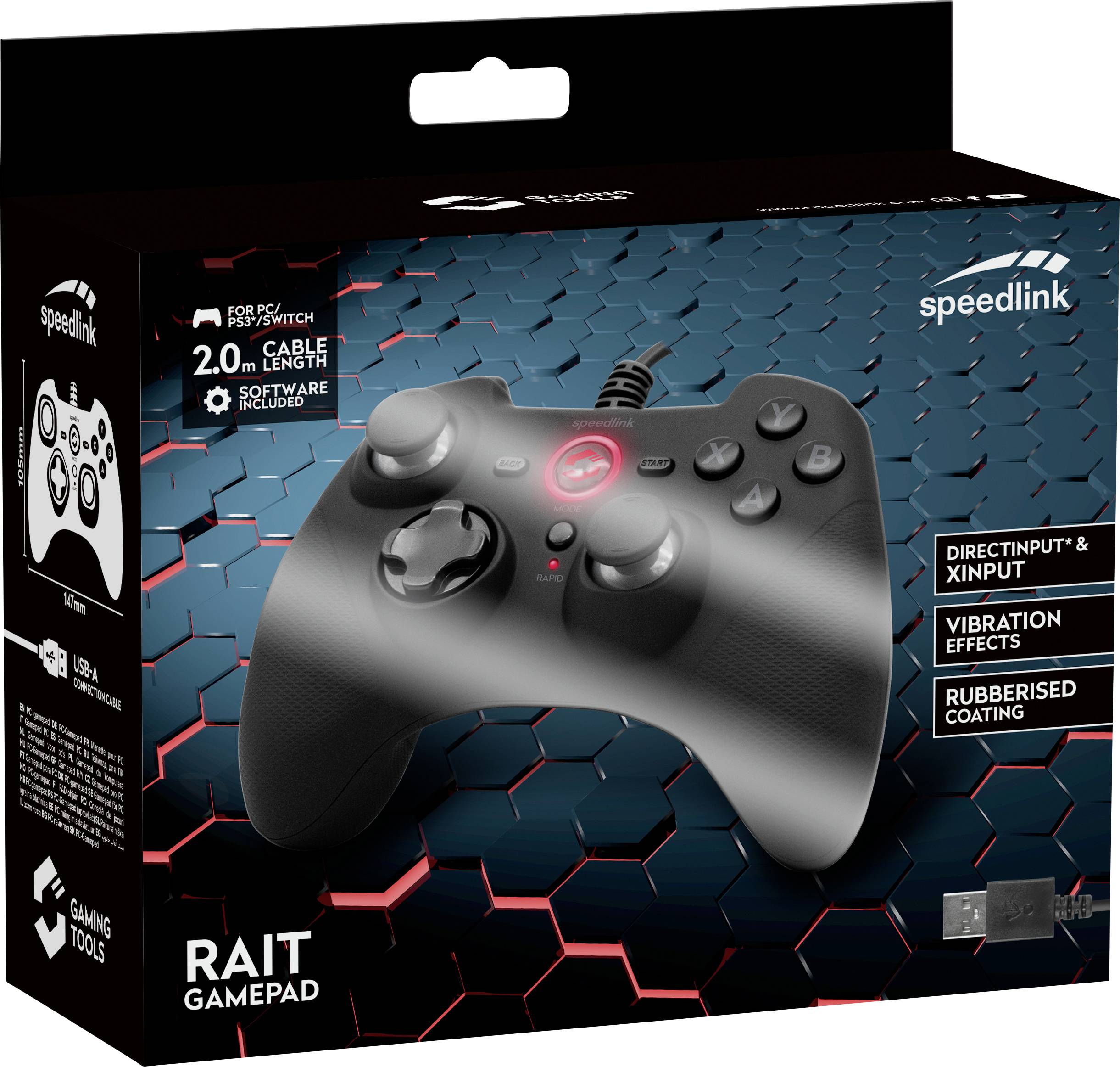 'RAIT Gamepad' von Speedlink in schwarzer Verpackung mit rotem Akzent, kompatibel mit PC/PS3. Enthält Kabel, Vibrationseffekte und gummierte Beschichtung.
