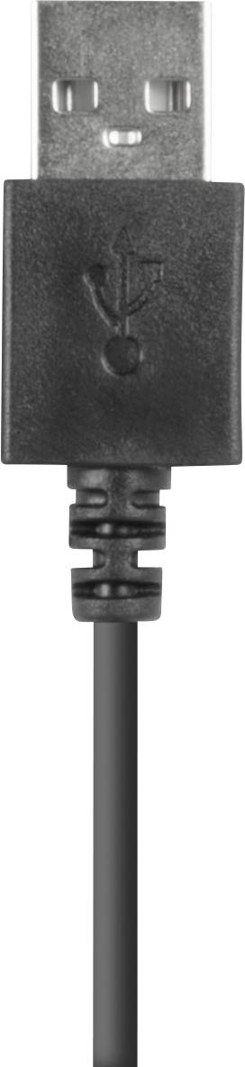 Schwarzes USB-Kabel mit USB-Stecker, Vorderansicht. Zeigt den klassischen USB-Anschluss für Datenverbindungen und Stromversorgung.