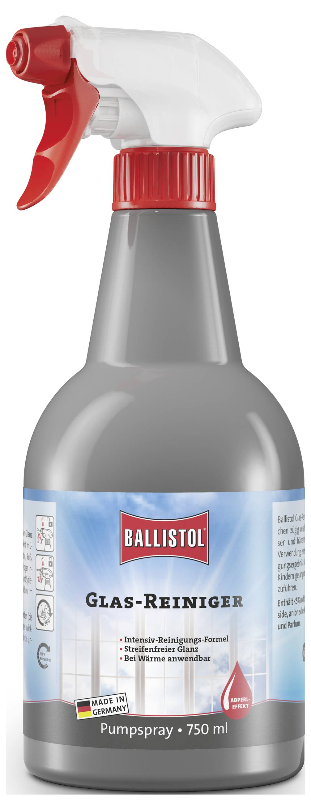 Ballistol Glas-Reiniger Sprühflasche mit roter Düse, gekennzeichnet für die Reinigung von Glasoberflächen. Inhalt 750 ml, hergestellt in Deutschland.