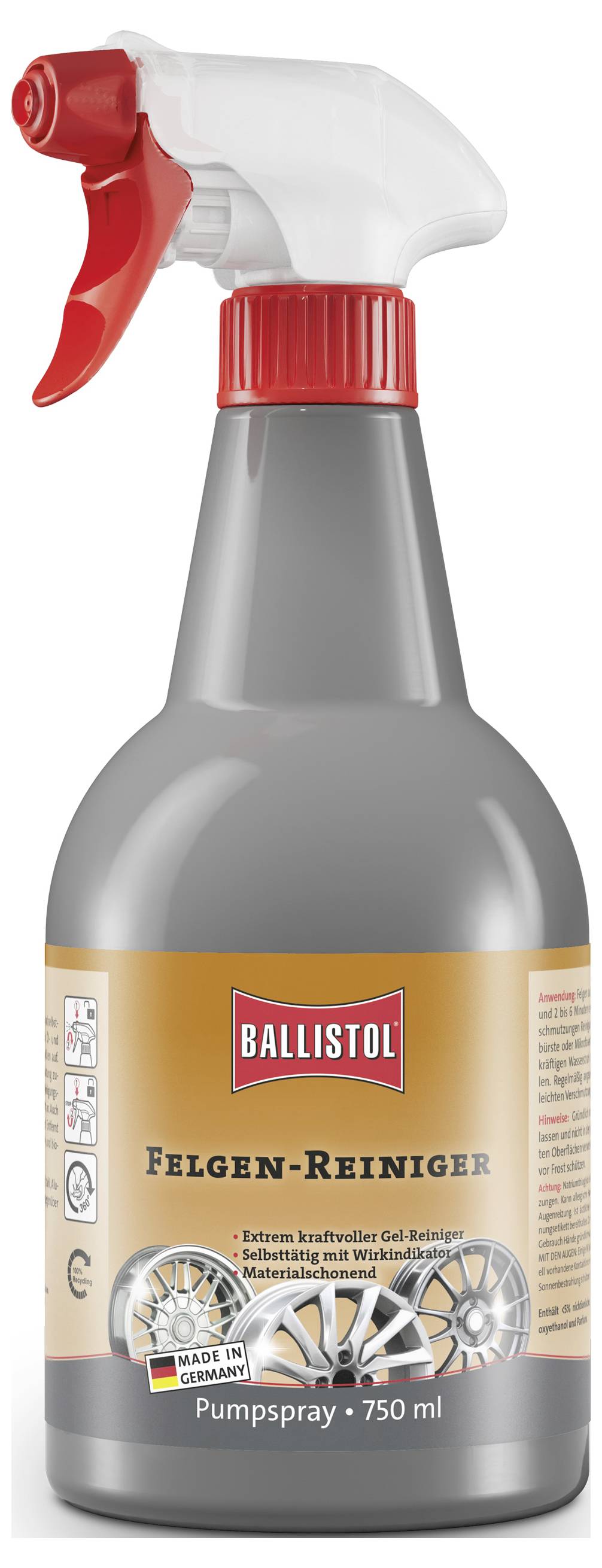 Eine Flasche Ballistol Felgenreiniger mit einer roten Sprühdüse und deutschem Text auf dem Etikett, vermarktet als kraftvolle Gelformel.