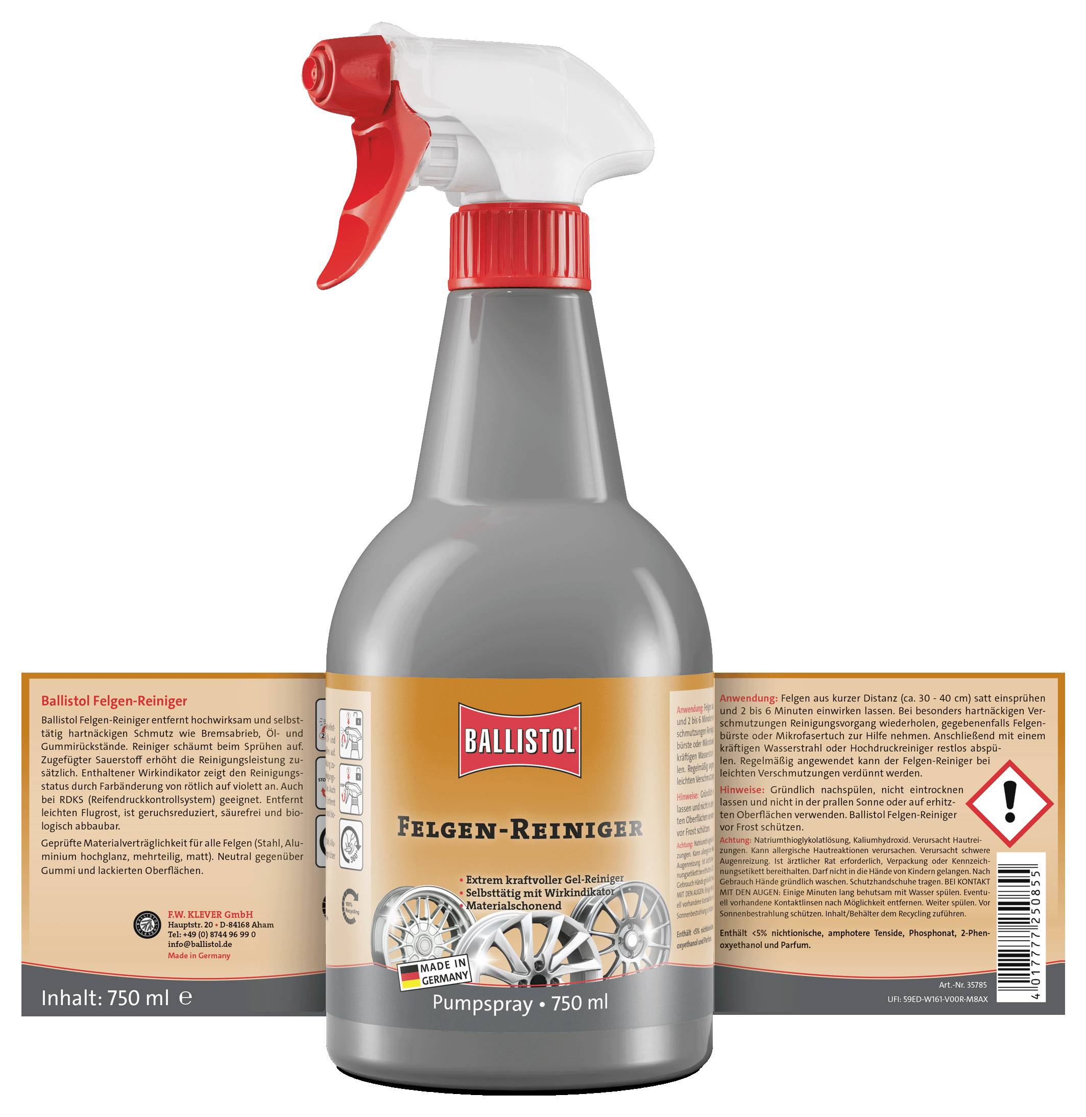 Flasche 'Ballistol Felgen-Reiniger' mit roter Sprühdüse. Etikett enthält Gebrauchsanweisung und Sicherheitsinformationen auf Deutsch.