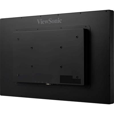 Rückansicht eines schwarzen ViewSonic-Monitors mit Halterung und Anschlüssen sichtbar.