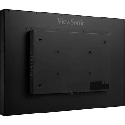 Rückseite eines schwarzen Monitors mit Wandhalterung. Erkennbar ist die Marke ViewSonic.