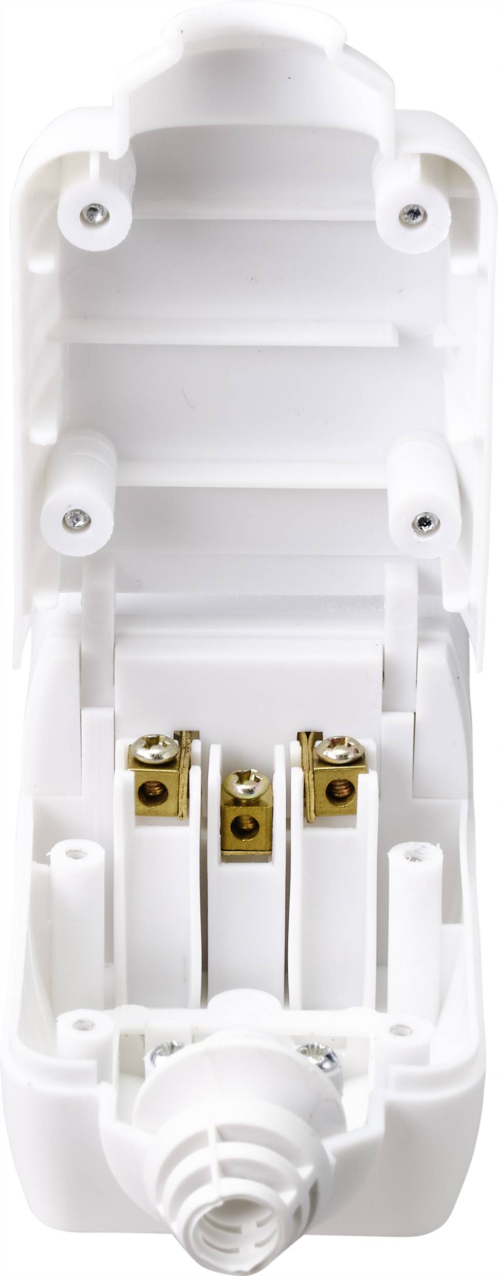 Weißes Kunststoffgehäuse mit geöffnetem Deckel, zeigt interne Befestigungen und Anschlüsse, geeignet für elektrische Anwendungen.
