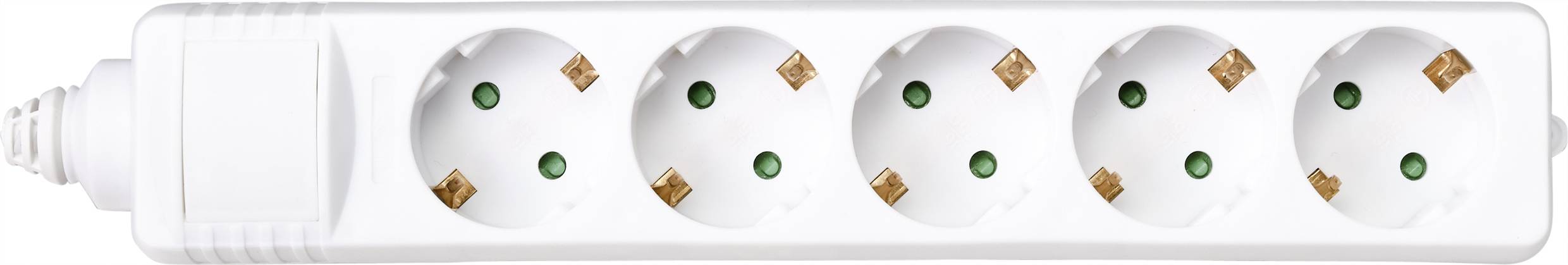Eine weiße Mehrfachsteckdose mit fünf Steckplätzen, darauf grüne Markierungen. Ideal für die gleichzeitige Stromversorgung mehrerer Geräte.