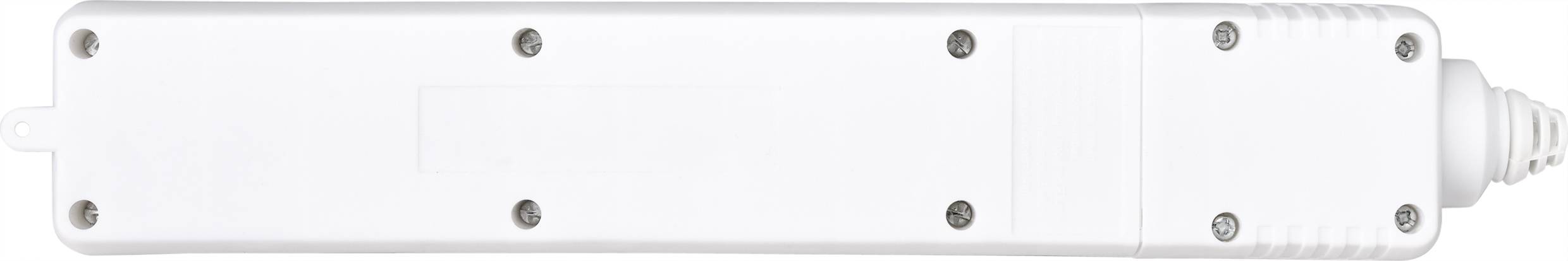 Ein längliches, weißes Gehäuse mit mehreren Schrauben sichtbar an der Oberfläche, möglicherweise ein elektrisches Gerät oder eine Komponente.