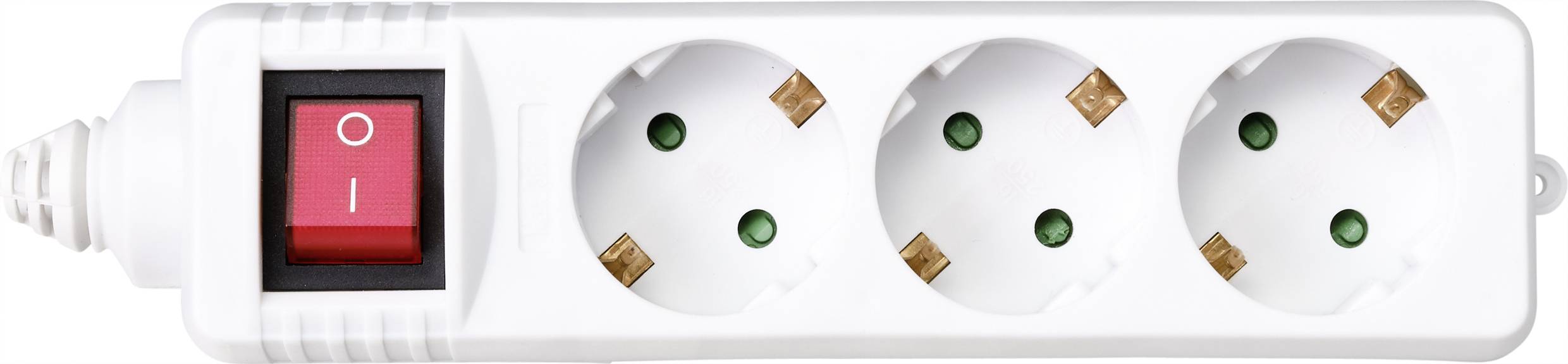 Eine weiße Mehrfachsteckdose mit drei runden Steckplätzen und einem roten Ein/Aus-Schalter.