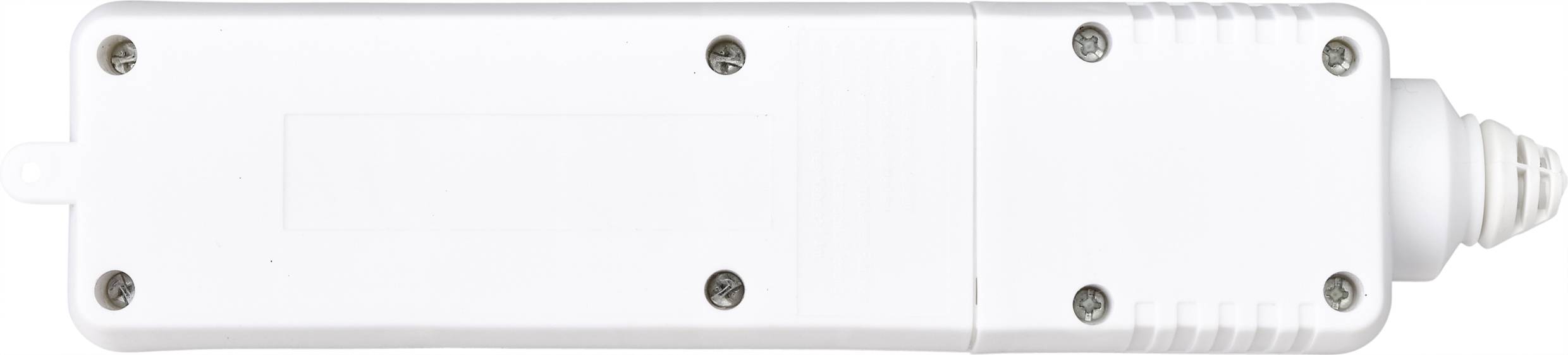 Ein rechteckiges, weißes elektrisches Gerät mit Schrauben an den Ecken und einem zylindrischen Anschluss rechts.