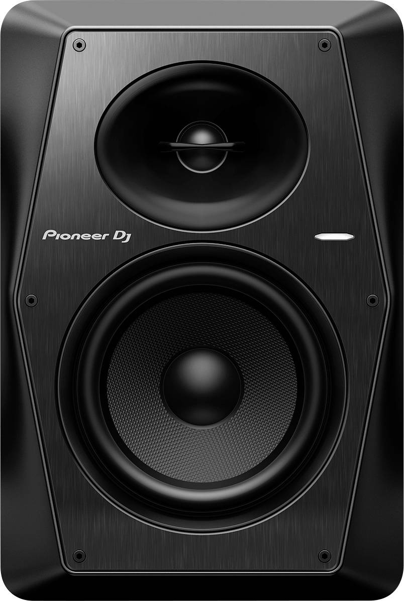 Schwarzer Pioneer DJ-Lautsprecher mit großem Tieftöner, kleinem Hochtöner und Metallic-Oberfläche. Geeignet für Musikproduktion oder DJs.