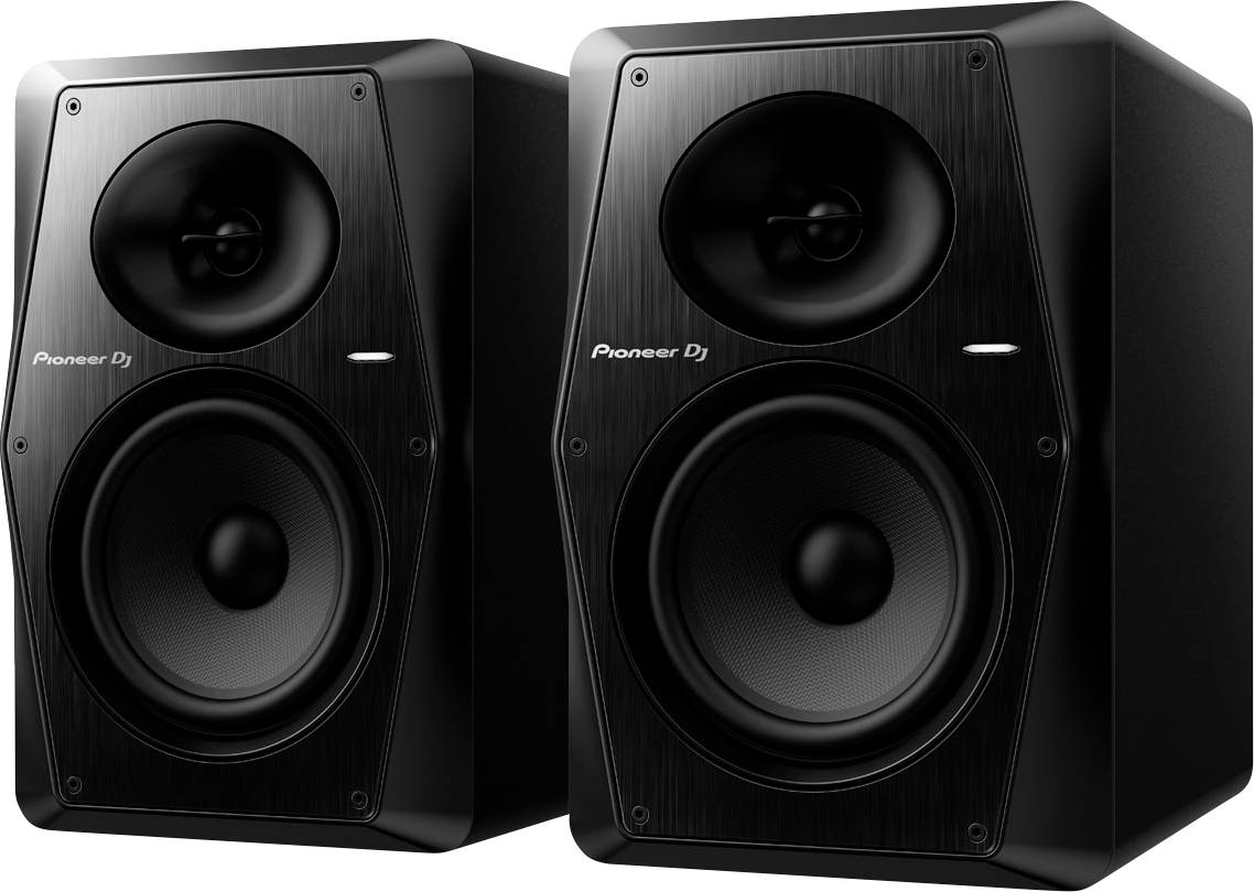 Zwei schwarze Lautsprecher mit dem Logo 'Pioneer DJ', die nebeneinander stehen. Sie haben große Bass- und kleinere Hochtöner.