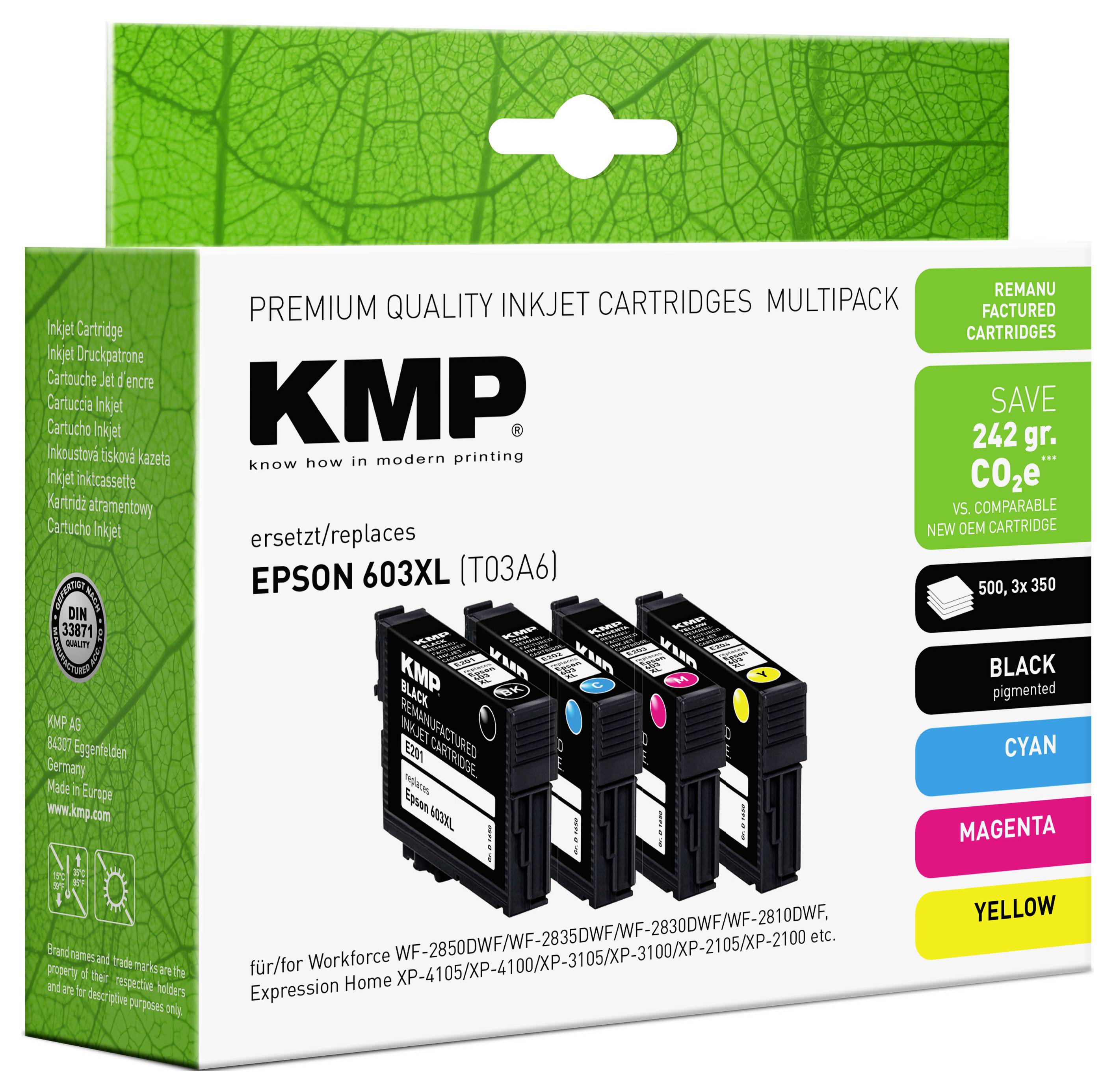 Karton mit KMP Premium-Tintenstrahlpatronen für Epson 603XL, mit schwarzen, cyan-, magenta- und gelben Ersatzpatronen mit Spar- und Mengenetiketten.