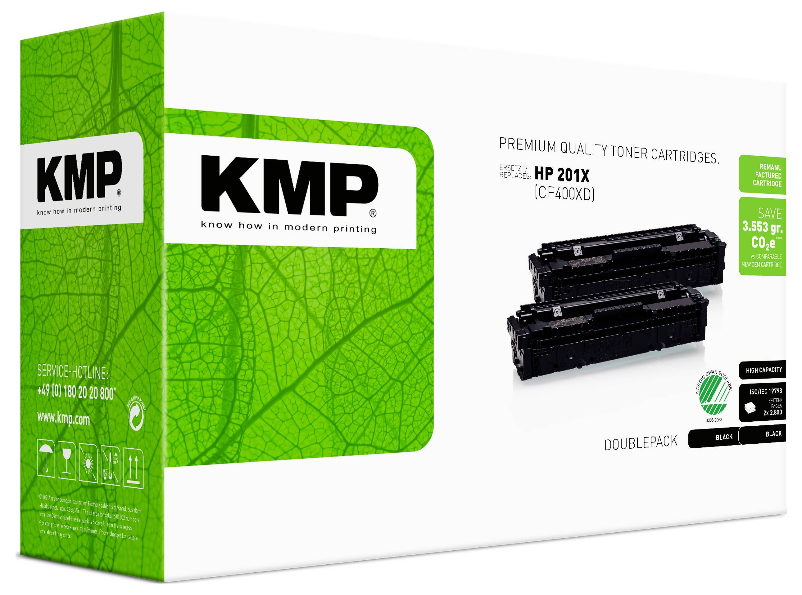 KMP Premium-Qualitäts-Tonerpatronen für HP 201X (CF400X) Doppelpack, dargestellt in grüner und weißer Schachtel mit zwei schwarzen Tonerpatronen.