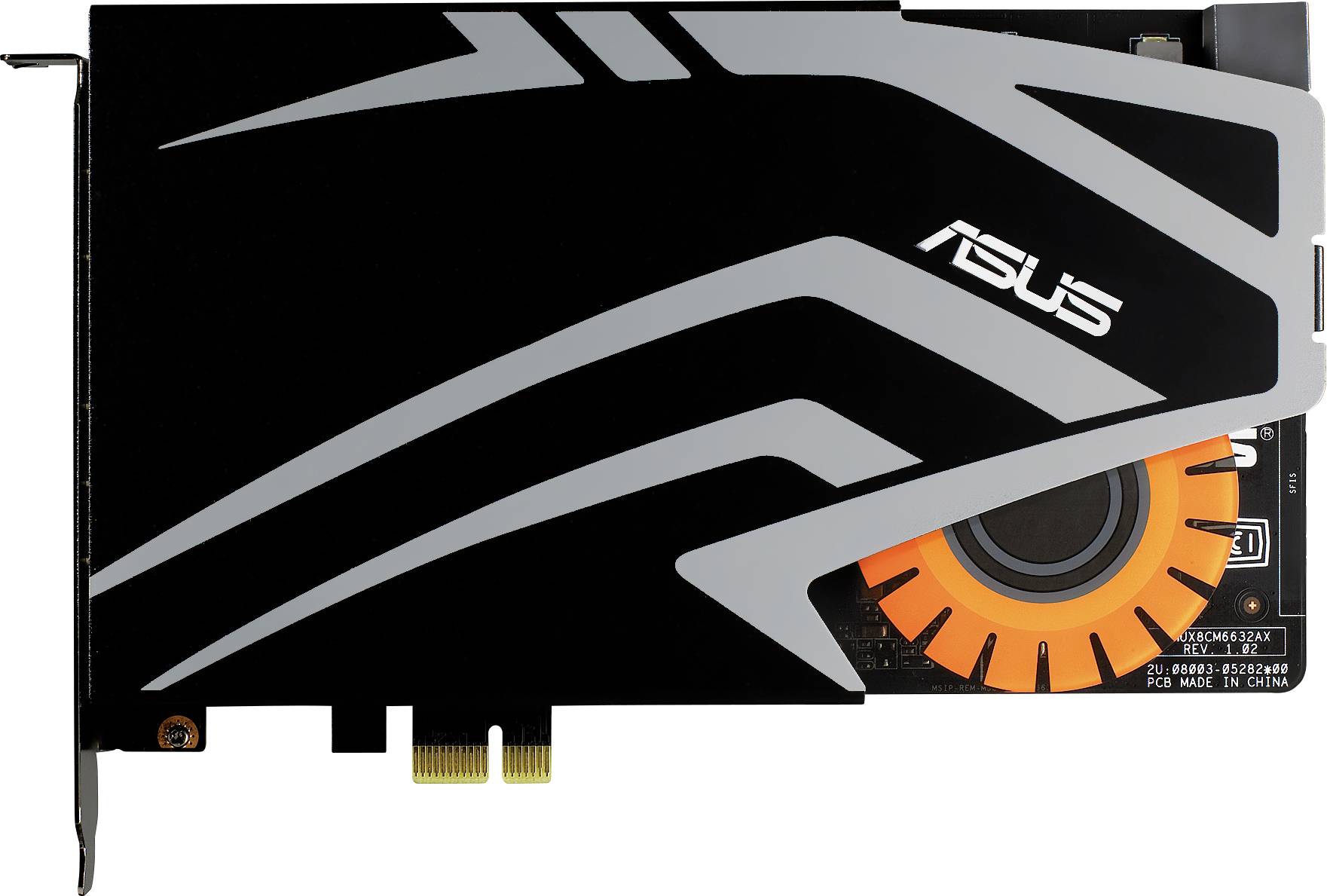Eine schwarze Grafikkarte mit grauen Streifen und orangenem Lüfter. Markiert mit 'ASUS' Logo, verfügt über PCIe-Schnittstelle.