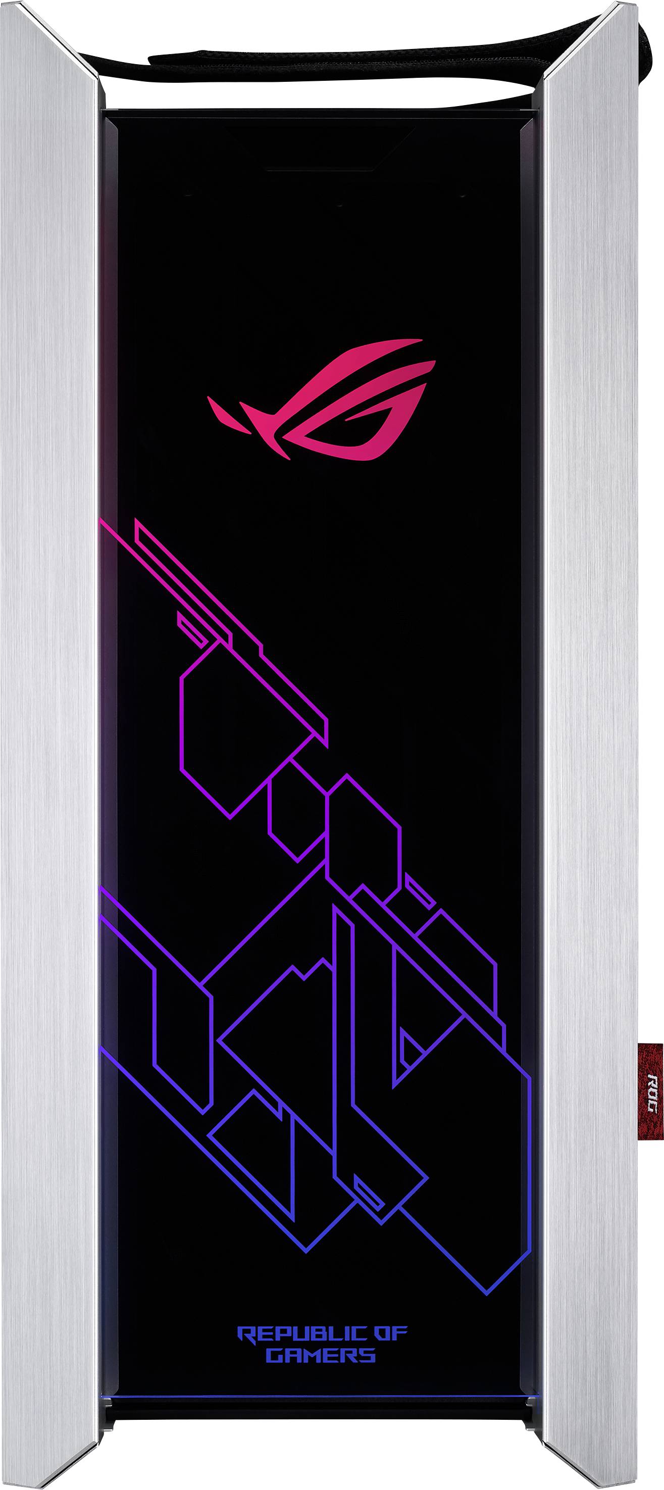 Großer Gaming-PC-Tower mit leuchtendem Logo und geometrischem Muster in Neonfarben auf schwarzem Hintergrund.