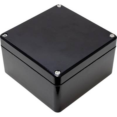 Schwarzes, quadratisches Gehäuse mit vier sichtbaren Schrauben an den Ecken, verwendet zur sicheren Aufbewahrung elektronischer Komponenten.