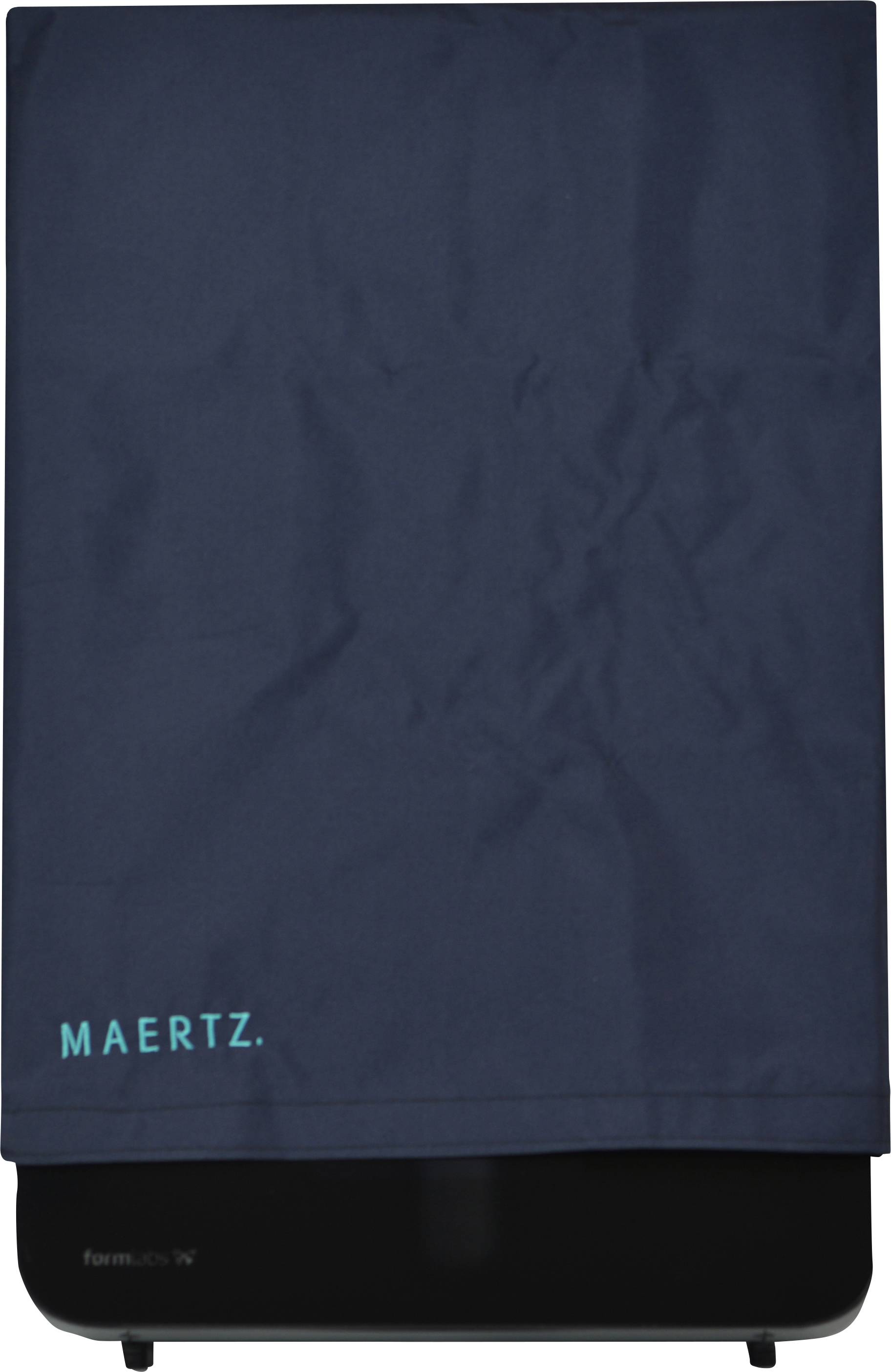 Ein schwarzes Gerät mit einem dunkelblauen Tuch, darauf steht in hellblauer Schrift 'MAERTZ.'.