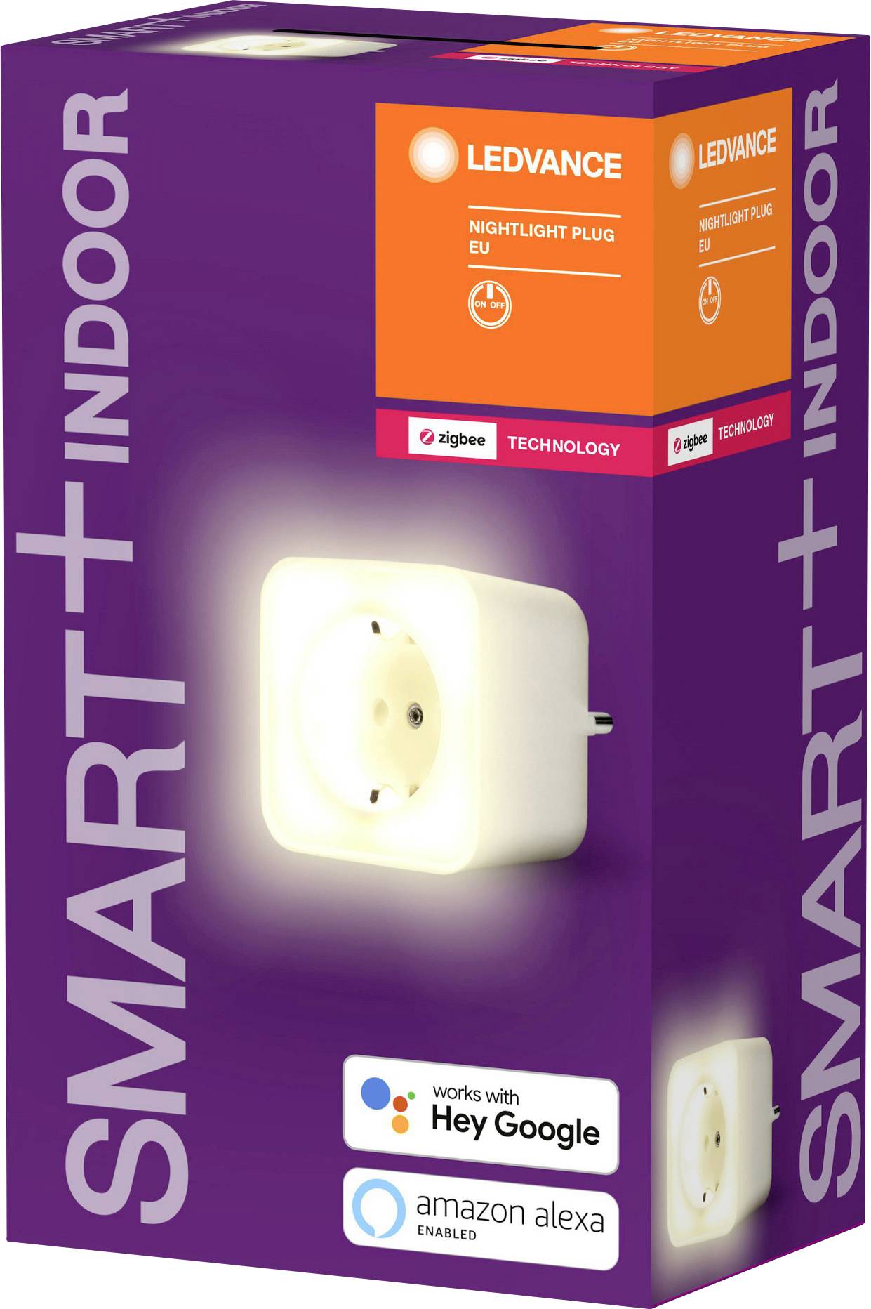 'LEDVANCE SMART+ Indoor Nachtlichtstecker EU' Verpackung. Kompatibel mit 'Hey Google' und 'Amazon Alexa'. Zigbee-Technologie.