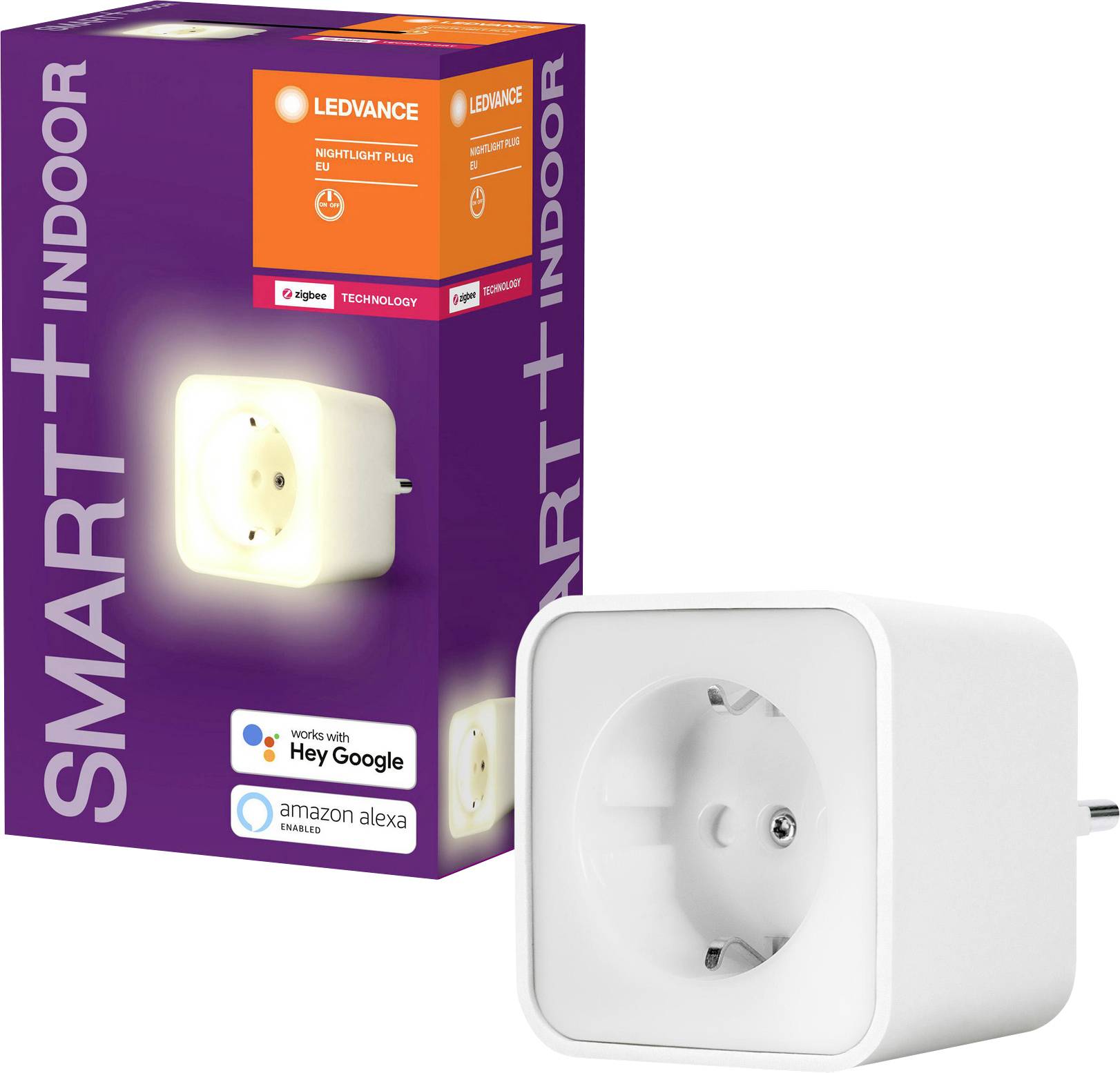 Eine smarte Innenraum-Steckdose von Ledvance mit Nachtlichtfunktion, kompatibel mit 'Hey Google' und 'Amazon Alexa'. Verpackung zeigt Produktdetails.