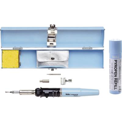 Lötkolben-Set mit blauer Schachtel, Schwamm, Zubehörteilen und Nachfüllgas. Markenname 'Weller' sichtbar.
