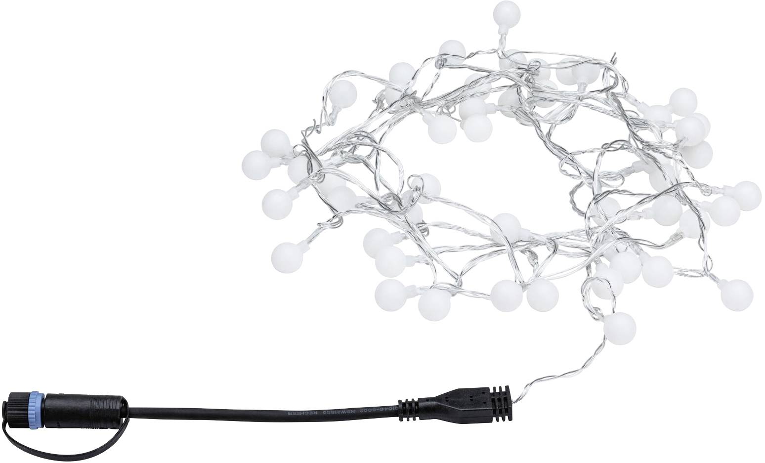 Eine Lichterkette mit weißen Kugeln und schwarzem Kabel, geeignet für Dekoration oder Beleuchtung. Ideal für Innen- und Außenanwendungen.