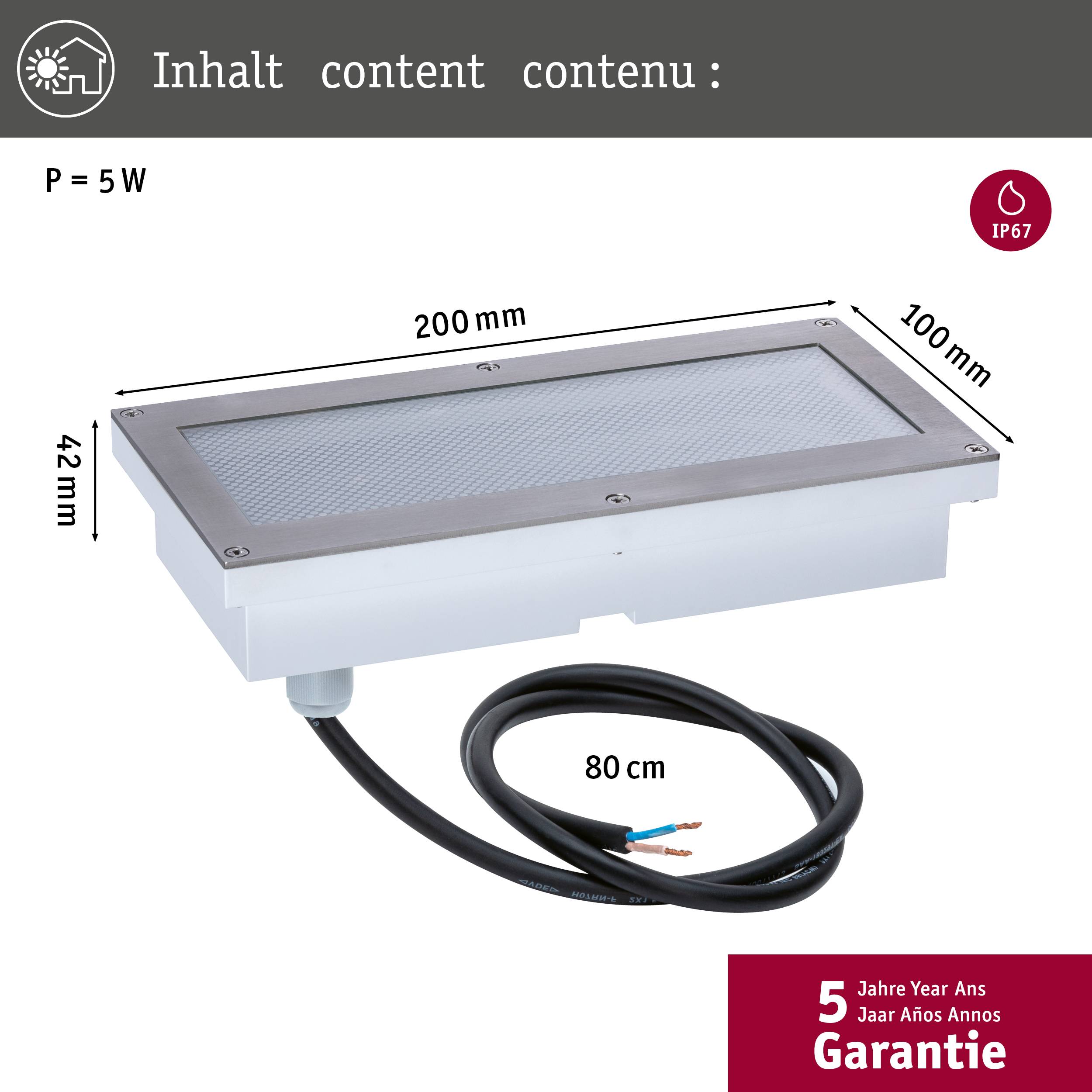 Ein rechteckiges LED-Licht (200x100 mm, 42 mm tief) mit 5 W Leistung und IP67 Schutz. Enthält ein 80 cm langes Kabel. 5 Jahre Garantie.