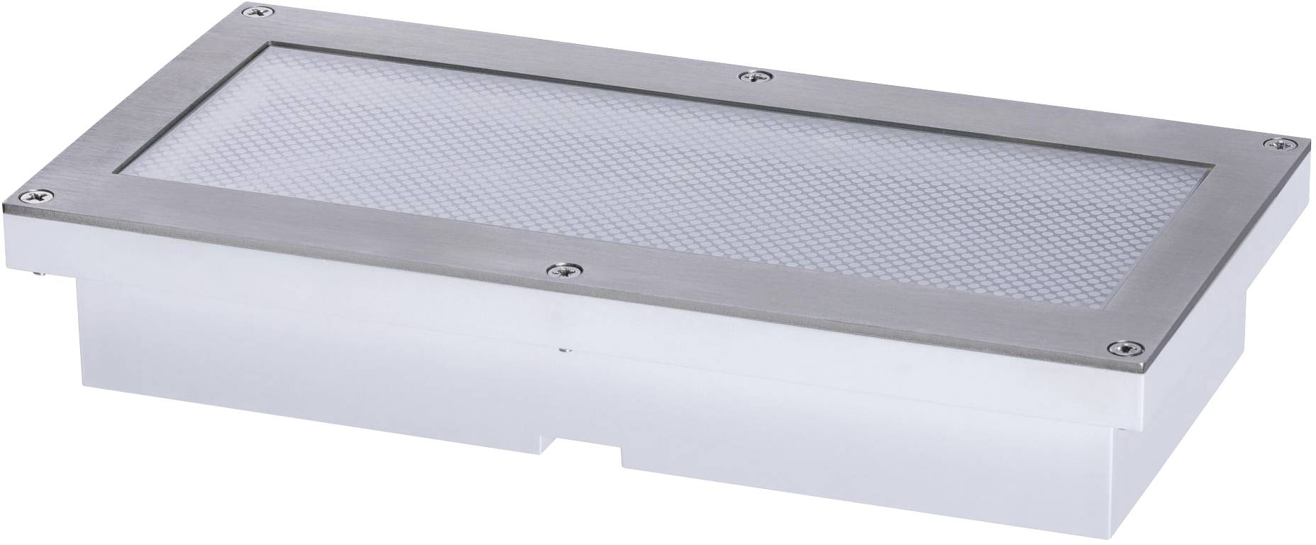 Rechteckige LED-Bodeneinbauleuchte aus Edelstahl mit mattierter Oberfläche und vier Schrauben an den Ecken befestigt.