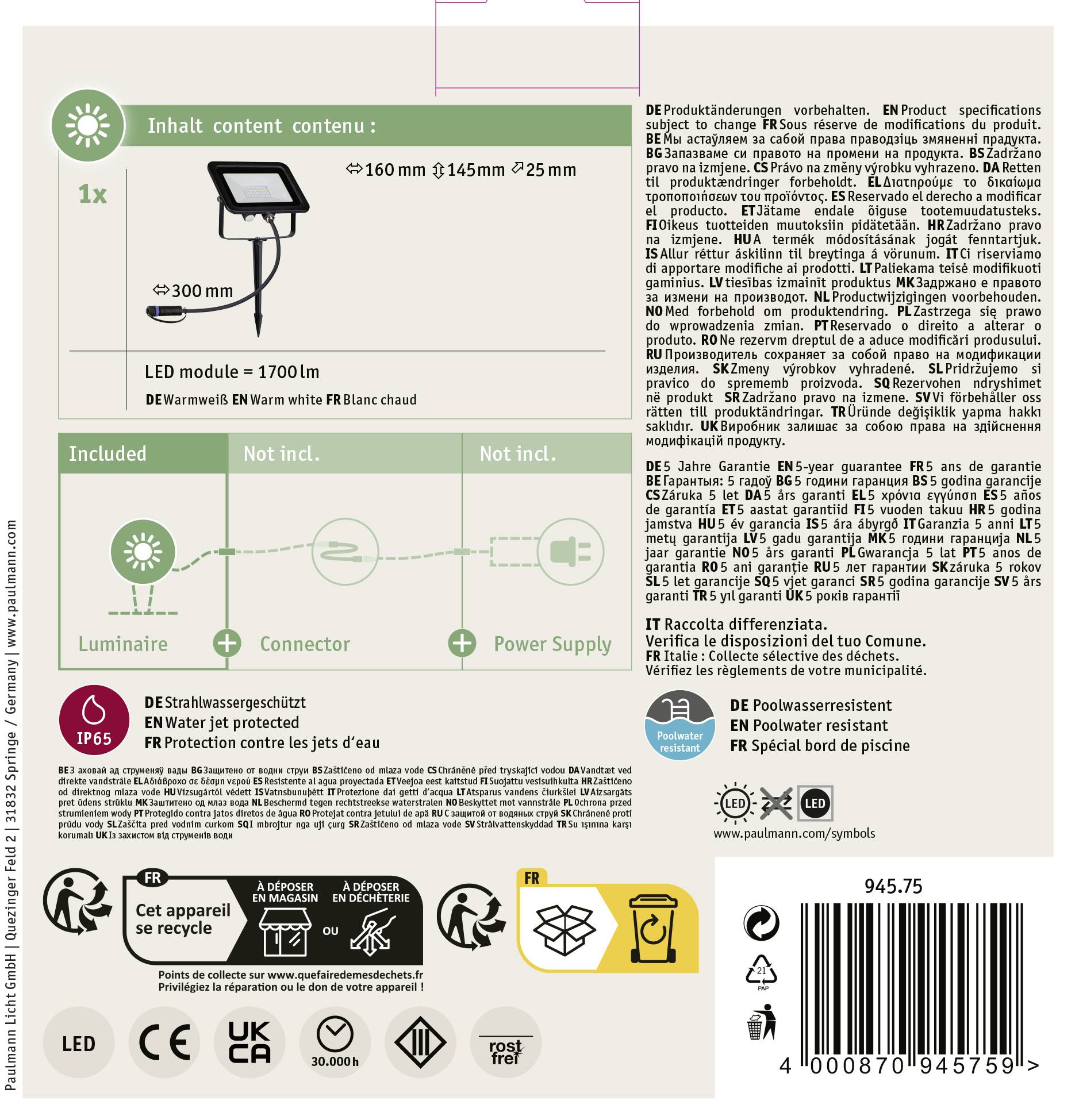 'Gartenstrahler IP65, LED-Modul 1700 lm, 300 mm Höhe, kompatibel mit Bewegungssensoren. Schutzklasse II. Ohne Leuchtmittel.'