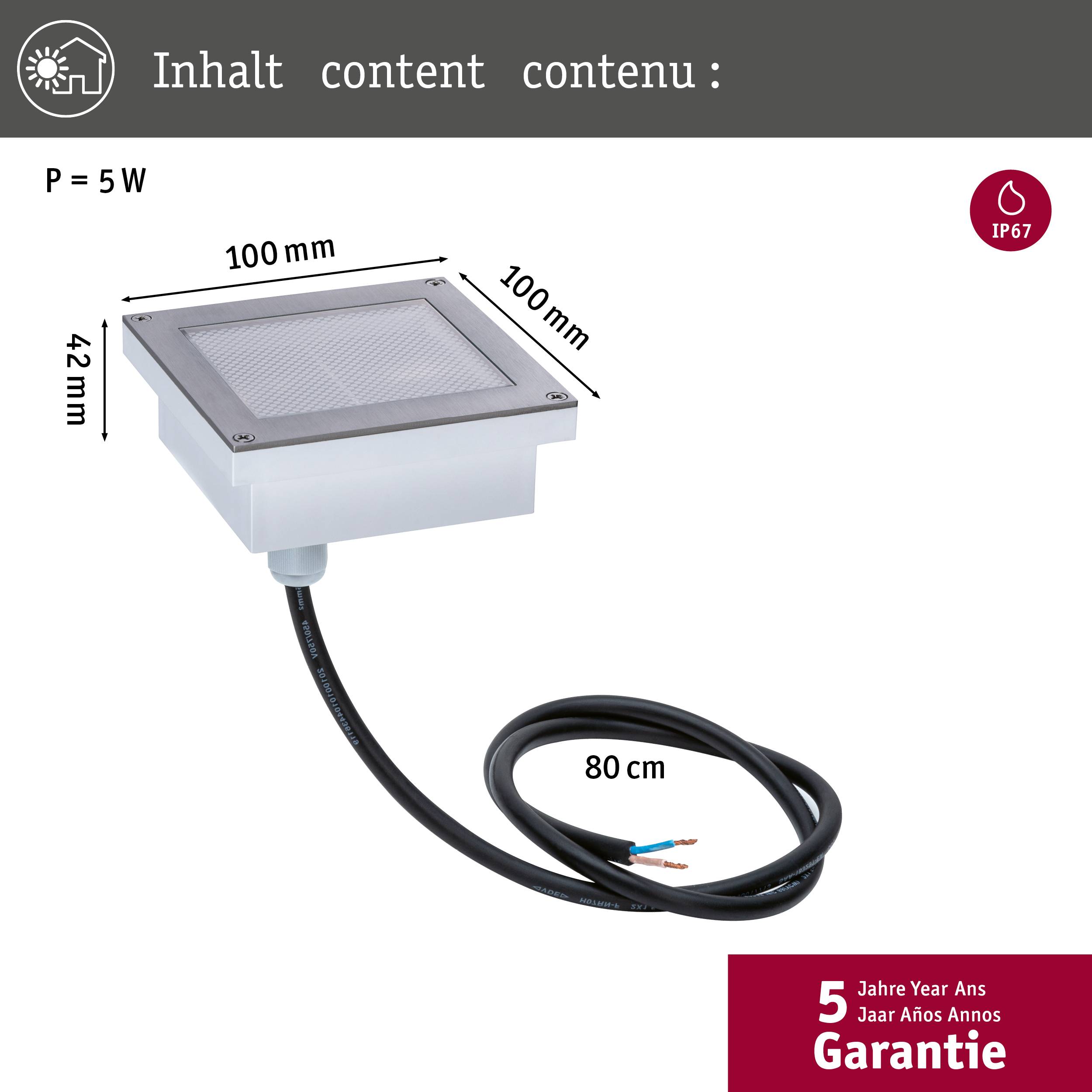 'LED-Bodenstrahler mit 5 W Leistung, IP67 Schutz, quadratisch, 100 mm Kantenlänge, 42 mm Höhe, 80 cm Kabel. 5 Jahre Garantie.'