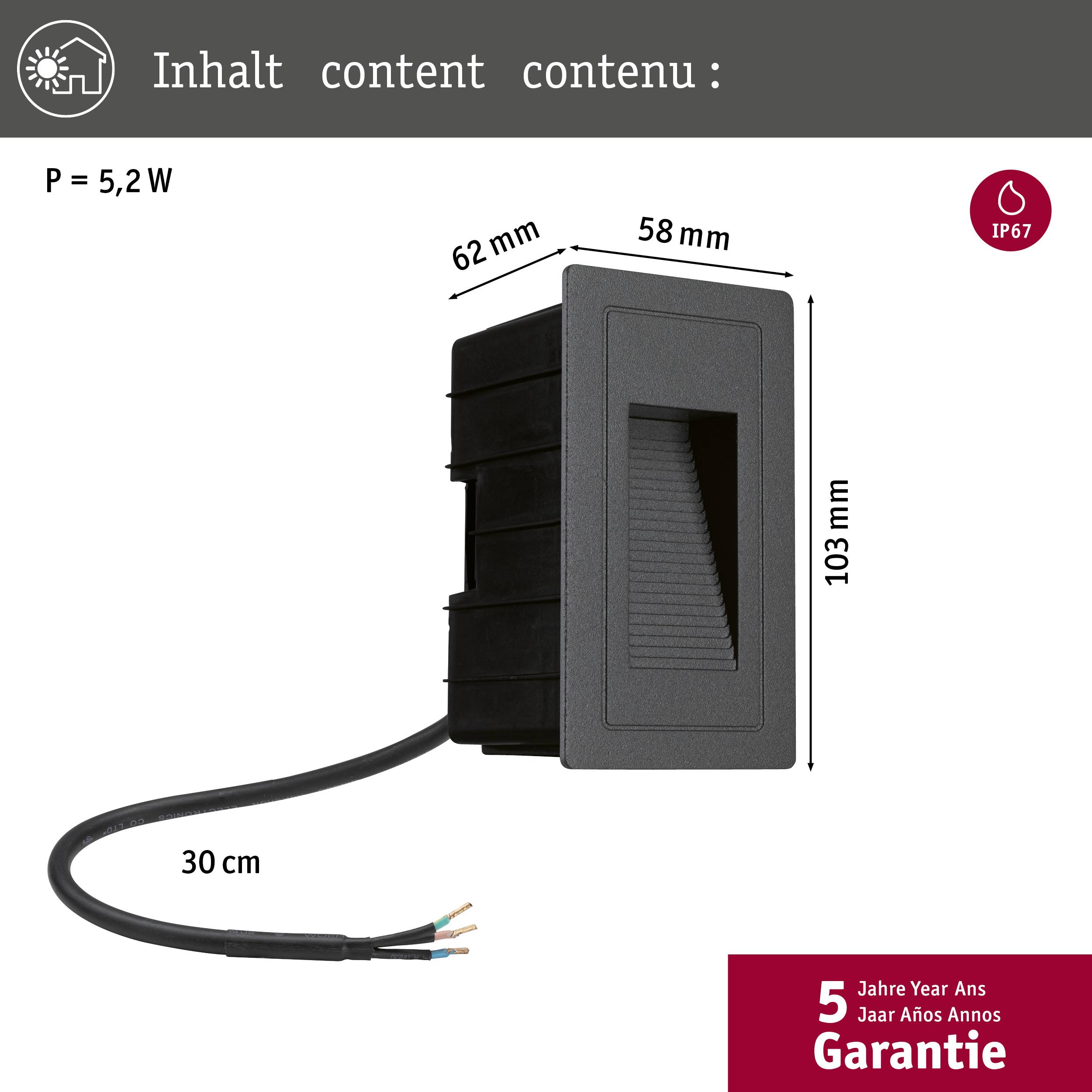 'Schwarze LED-Leuchte mit den Maßen 62 mm x 58 mm x 103 mm, IP67-zertifiziert, Kabellänge 30 cm. 5 Jahre Garantie.'