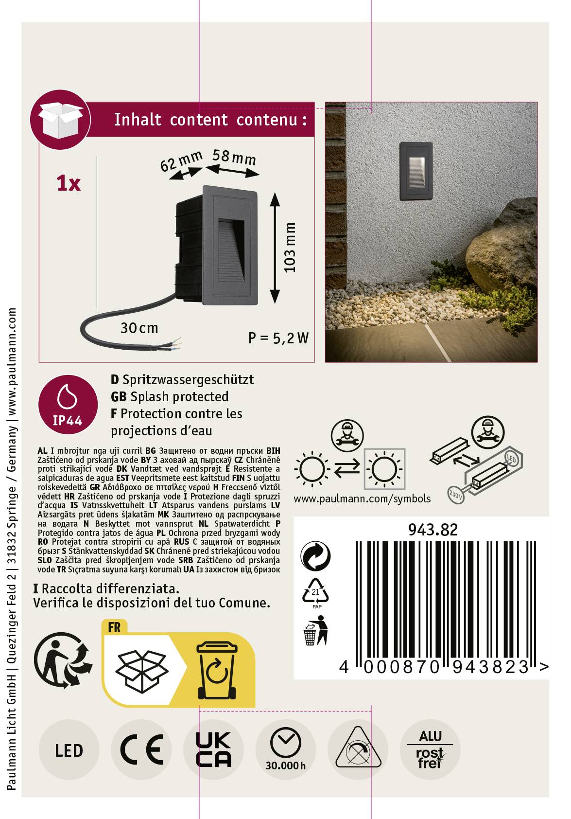 'Paulmann' Stecker mit 3-in-1 LED Anzeige, spritzwassergeschützt. Maße: 62x58x30mm, 5,2W. IP44 zertifiziert, recycelbar.