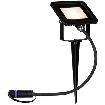Schwarzer LED-Gartenstrahler mit Erdspieß und Kabel, leuchtet warmweiß. Geeignet für die Beleuchtung von Außenbereichen.
