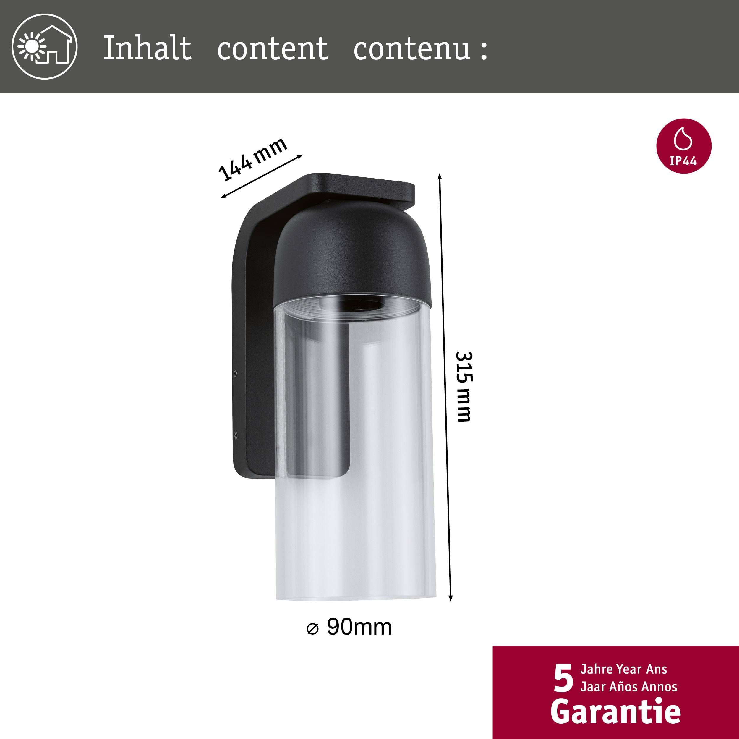 Außenwandleuchte mit schwarzem Gehäuse und transparentem Lampenschirm, 315 mm hoch und 90 mm Durchmesser, IP44-Schutzart.