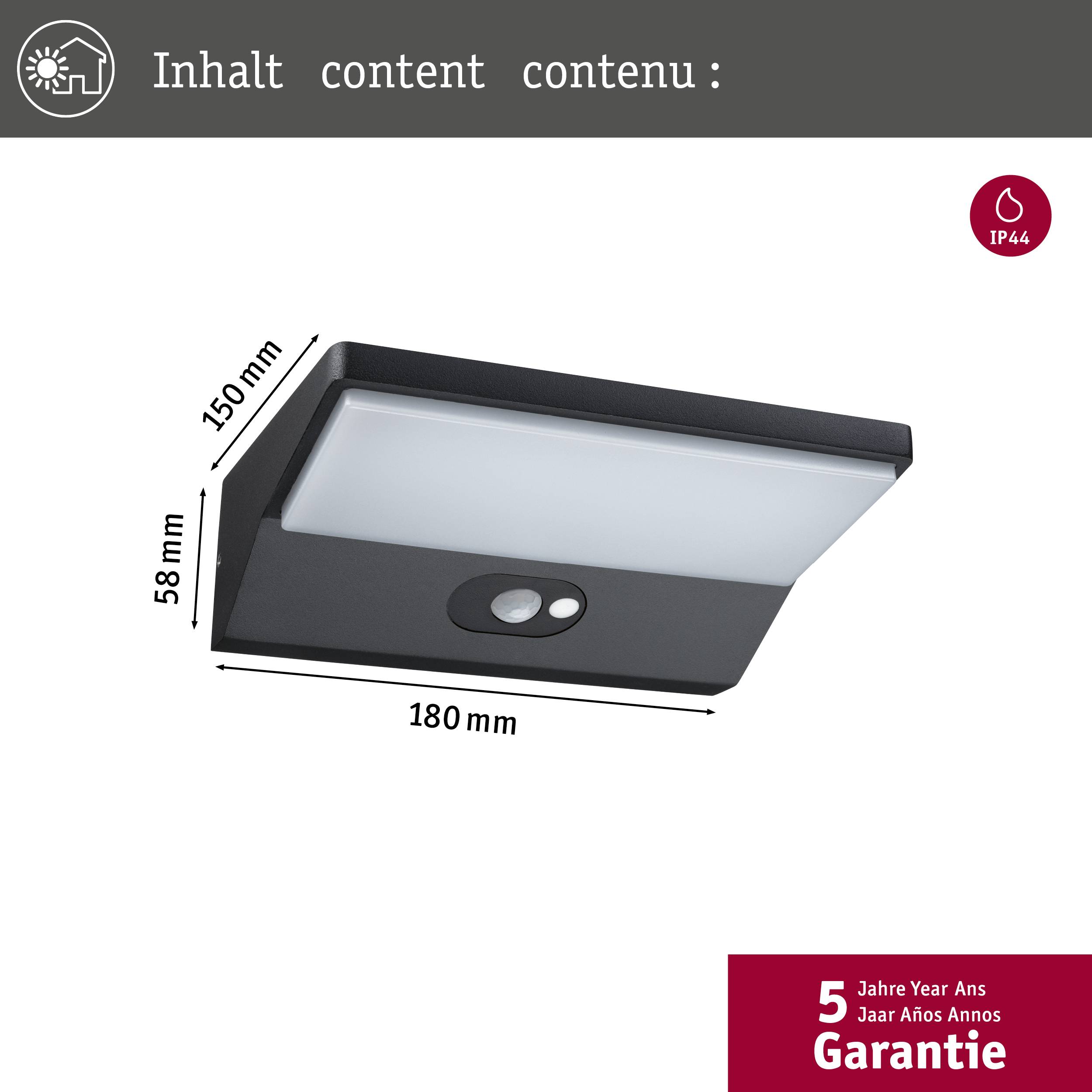 LED-Außenlampe mit Bewegungsmelder, schwarz, Maße: 180 x 150 x 58 mm. Oben: 'Inhalt'. Unten: '5 Jahre Garantie'.