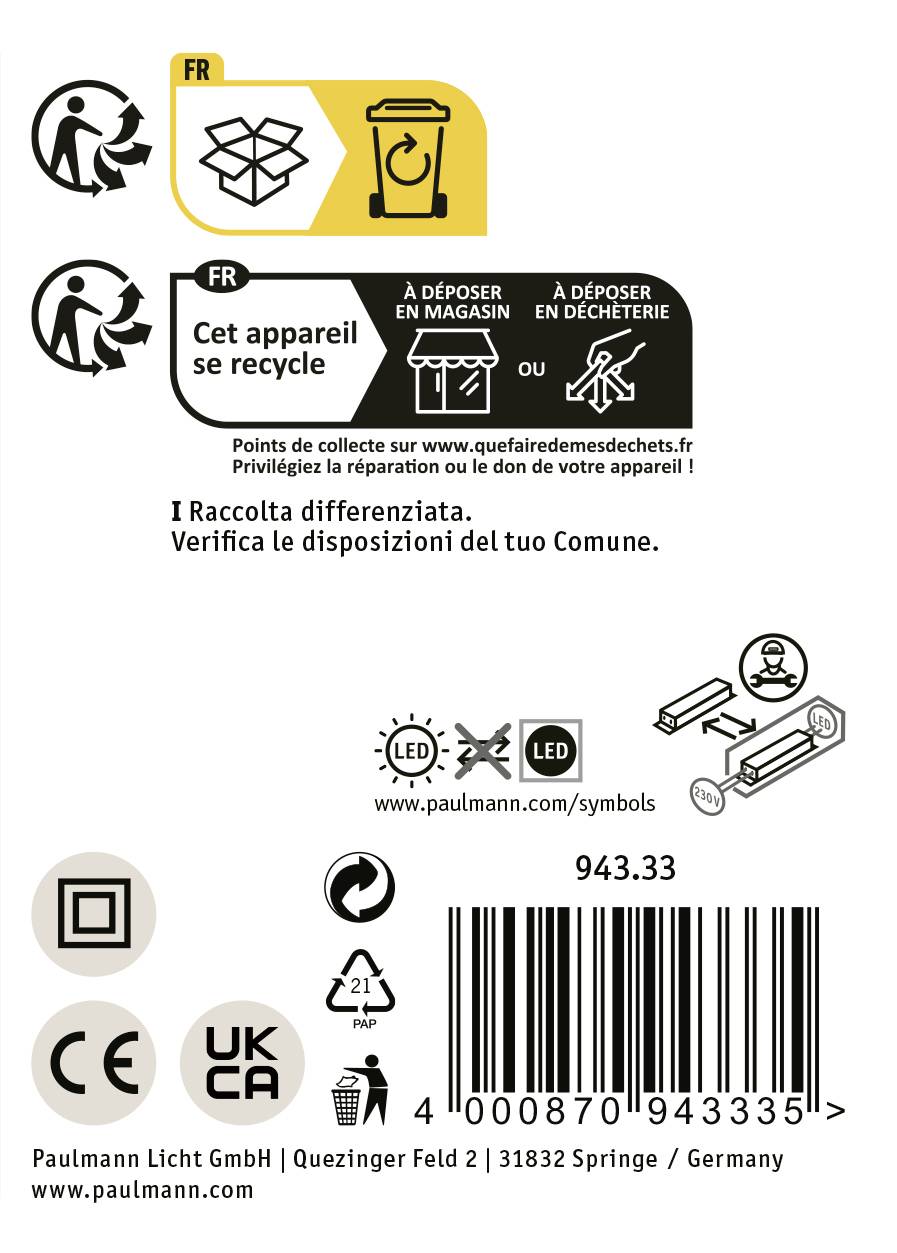 'Dieses Gerät kann recycelt werden. Bitte im Laden oder am Wertstoffhof abgeben.' Icons für Recycling und LED-Symbole sind dargestellt.