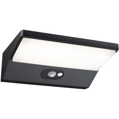 Schwarze Wandleuchte mit rechteckigem, flachem Design und integriertem Bewegungssensor.