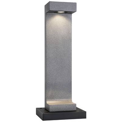 Eine moderne, rechteckige Stehleuchte mit einem grauen, steinähnlichen Finish und integriertem Licht oben und unten auf schwarzem Sockel.