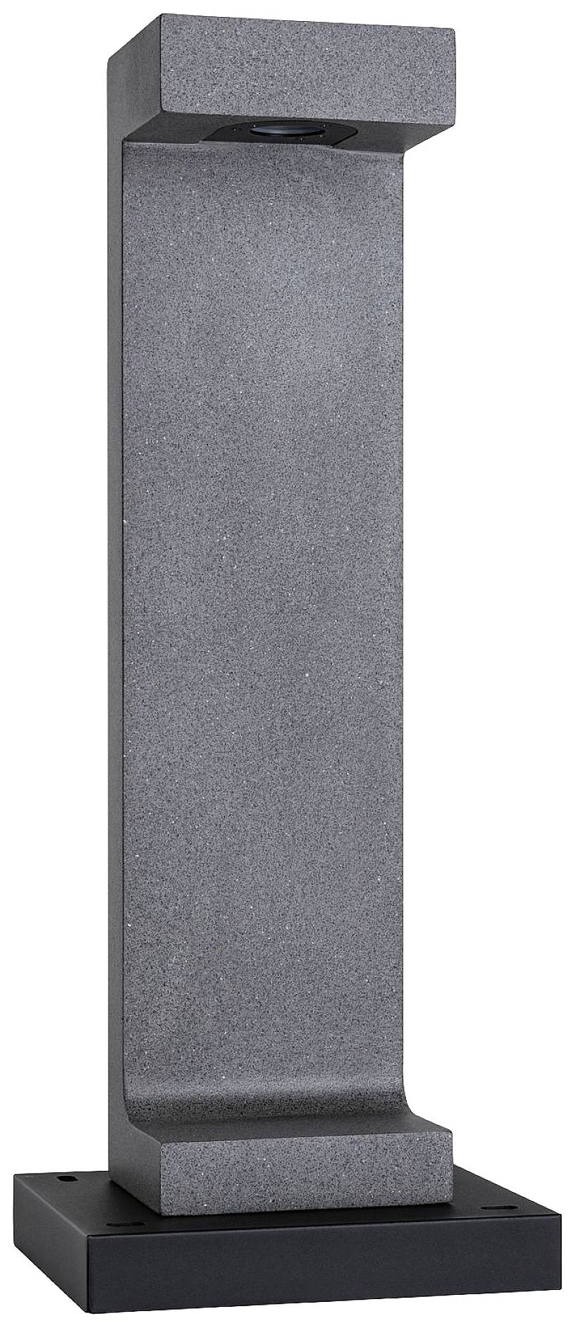 Eine graue, rechteckige Outdoor-Stehleuchte auf schwarzem Sockel, geeignet für Garten- oder Wegbeleuchtung.