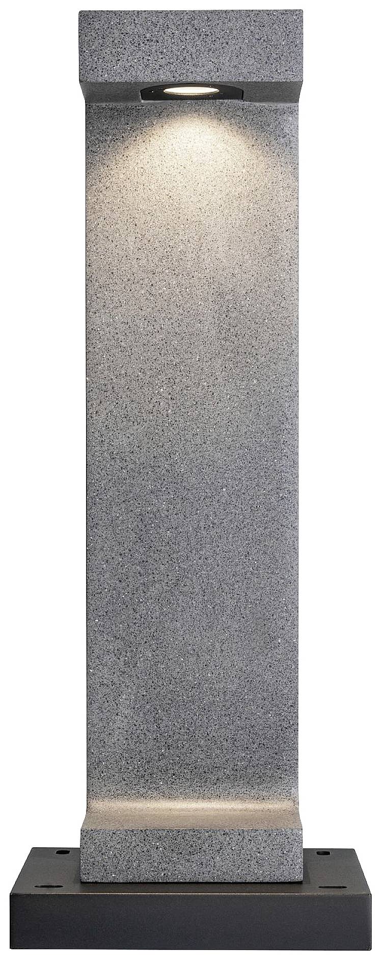 Grau gestrukturierte Stehleuchte aus Stein auf schwarzem Sockel, nach unten gerichtetes Licht, moderne und schlichte Gestaltung.