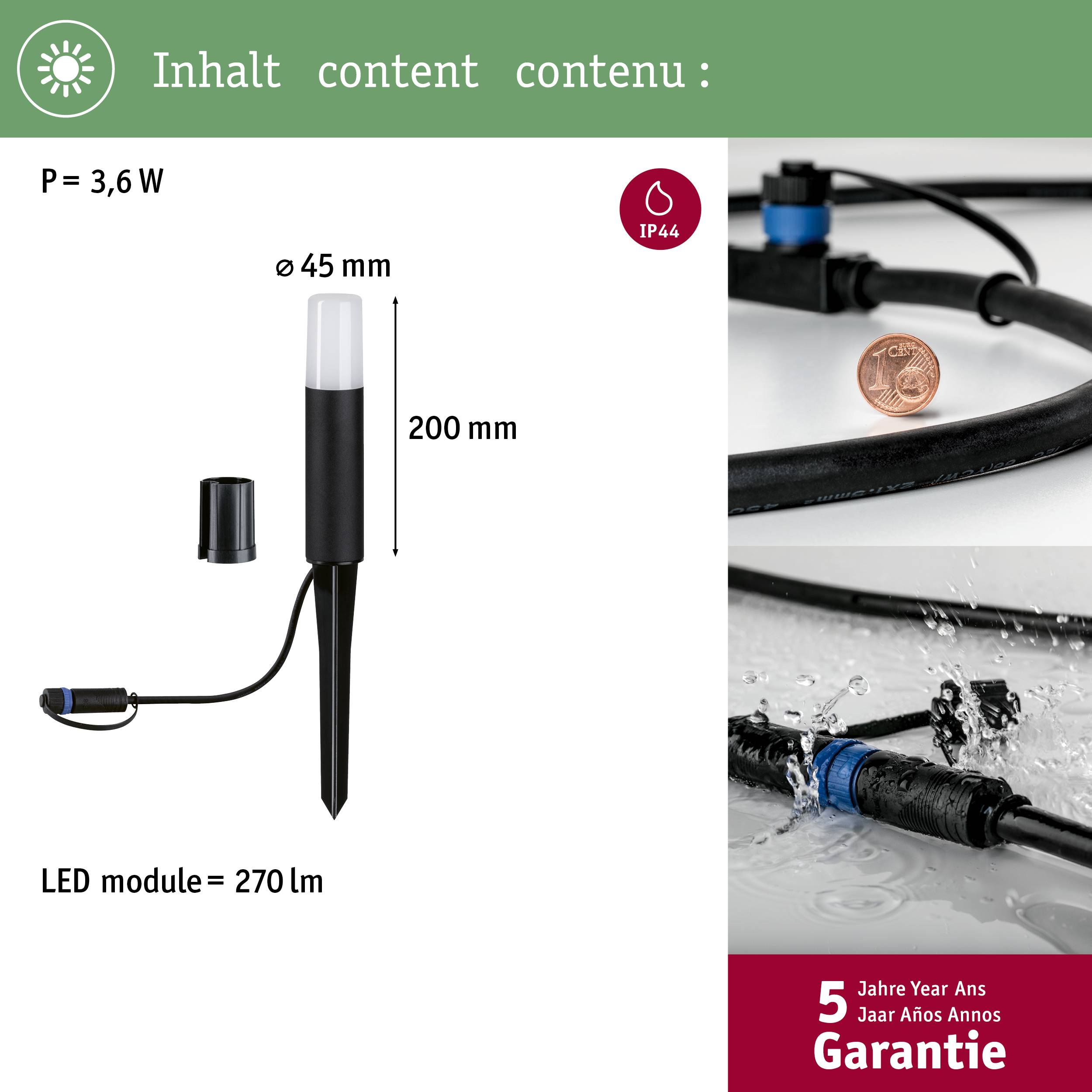 LED-Außenleuchte mit Erdspieß, 200 mm hoch, 3,6 W, 270 lm, IP44. Fünf Jahre Garantie.