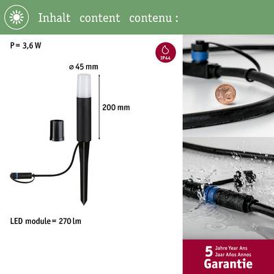 LED-Außenleuchte mit Erdspieß, 200 mm hoch, 3,6 W, 270 lm, IP44. Fünf Jahre Garantie.