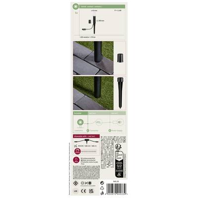 Verpackung einer Gartenleuchte: Enthält 3 schwarze, 200 mm hohe, LED-Lampen mit Erdspieß. Inklusive LED-Modul, Konnektor, Stromversorgung.