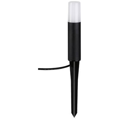 Eine schwarze Gartenleuchte mit langem Erdspieß und einer weißen, zylindrischen Lichtabdeckung, geeignet für Außenbeleuchtung.