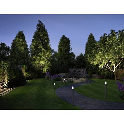 Ein Garten bei Abenddämmerung, beleuchtet von kleinen Laternen entlang eines gepflasterten Weges. Hohe Bäume und blühende Pflanzen umrahmen die Szene.