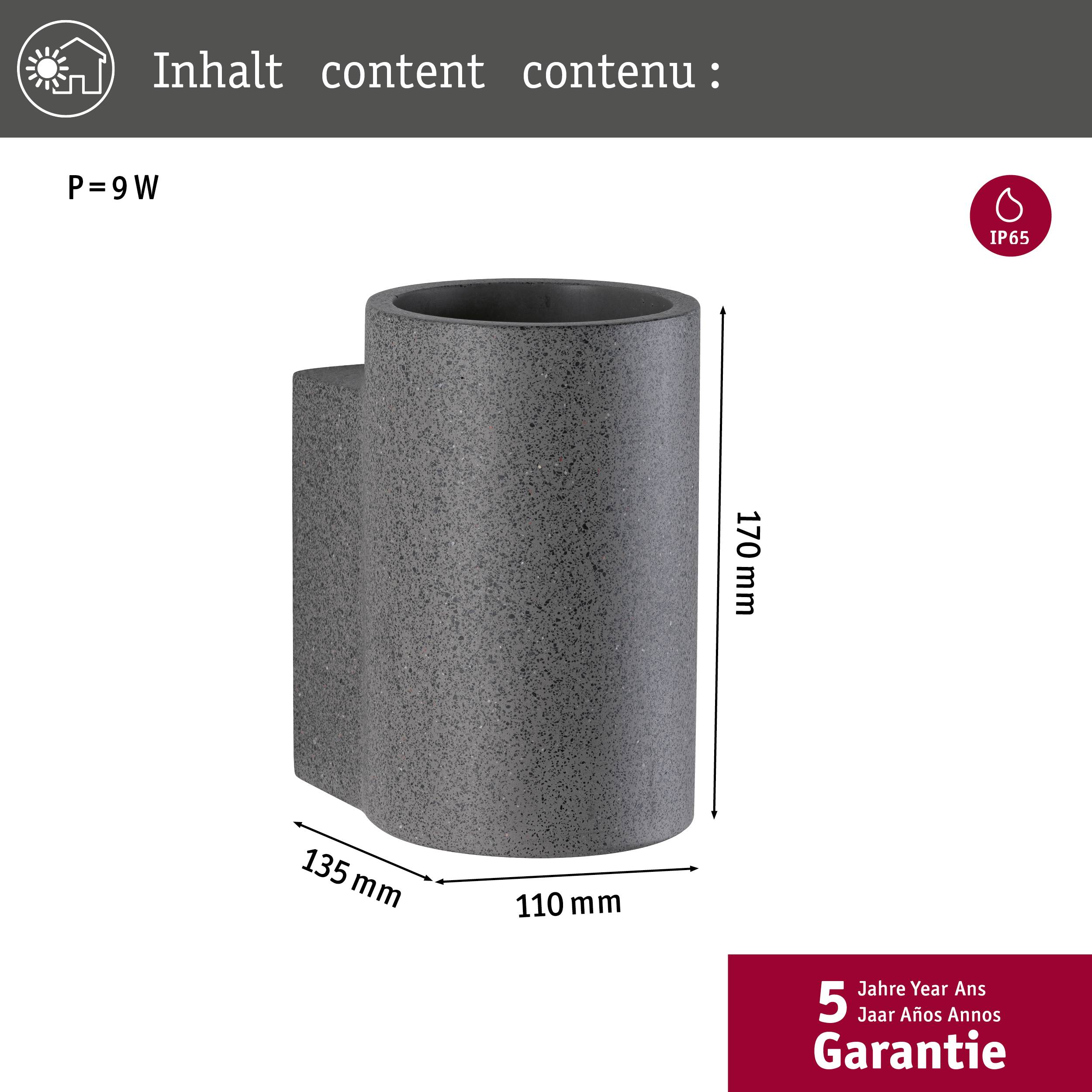 Ein grauer, zylindrischer Behälter mit Maßen 170 mm hoch, 135 mm breit und 110 mm tief. Kennzeichnung: 9 W, IP65, 5 Jahre Garantie.