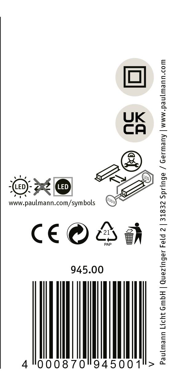 'LED-Leuchte Verpackung' mit CE-, UKCA- und RoHS-Symbolen, Barcode und der Nummer '945.00'. Produktseitenansicht mit Lichtstrahlsymbol.