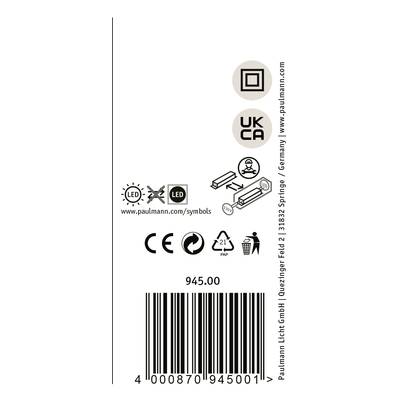 'LED-Leuchte Verpackung' mit CE-, UKCA- und RoHS-Symbolen, Barcode und der Nummer '945.00'. Produktseitenansicht mit Lichtstrahlsymbol.