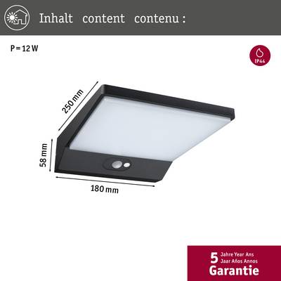 Quadratische LED-Lampe mit Bewegungssensor, 12W Leistung, misst 250x180x58 mm, IP44 Schutz, 5 Jahre Garantie.