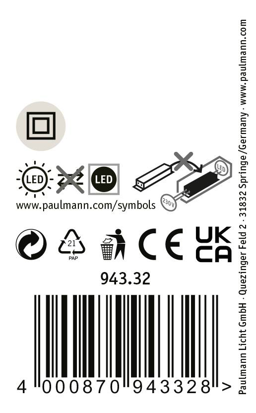 Verpackungsetikett mit LED-Symbol, Recycling-Symbol, CE- und UKCA-Kennzeichnung. Links ein dimmbarer LED-Kubus mit Schaltern.