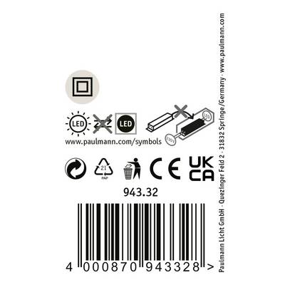 Verpackungsetikett mit LED-Symbol, Recycling-Symbol, CE- und UKCA-Kennzeichnung. Links ein dimmbarer LED-Kubus mit Schaltern.